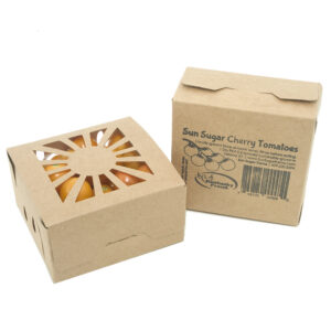 Cherry tomatoes in home compostable Kraft pint produce containers.
