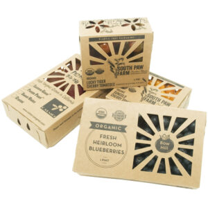 4 different single color custom printed packages including blueberry packaging.